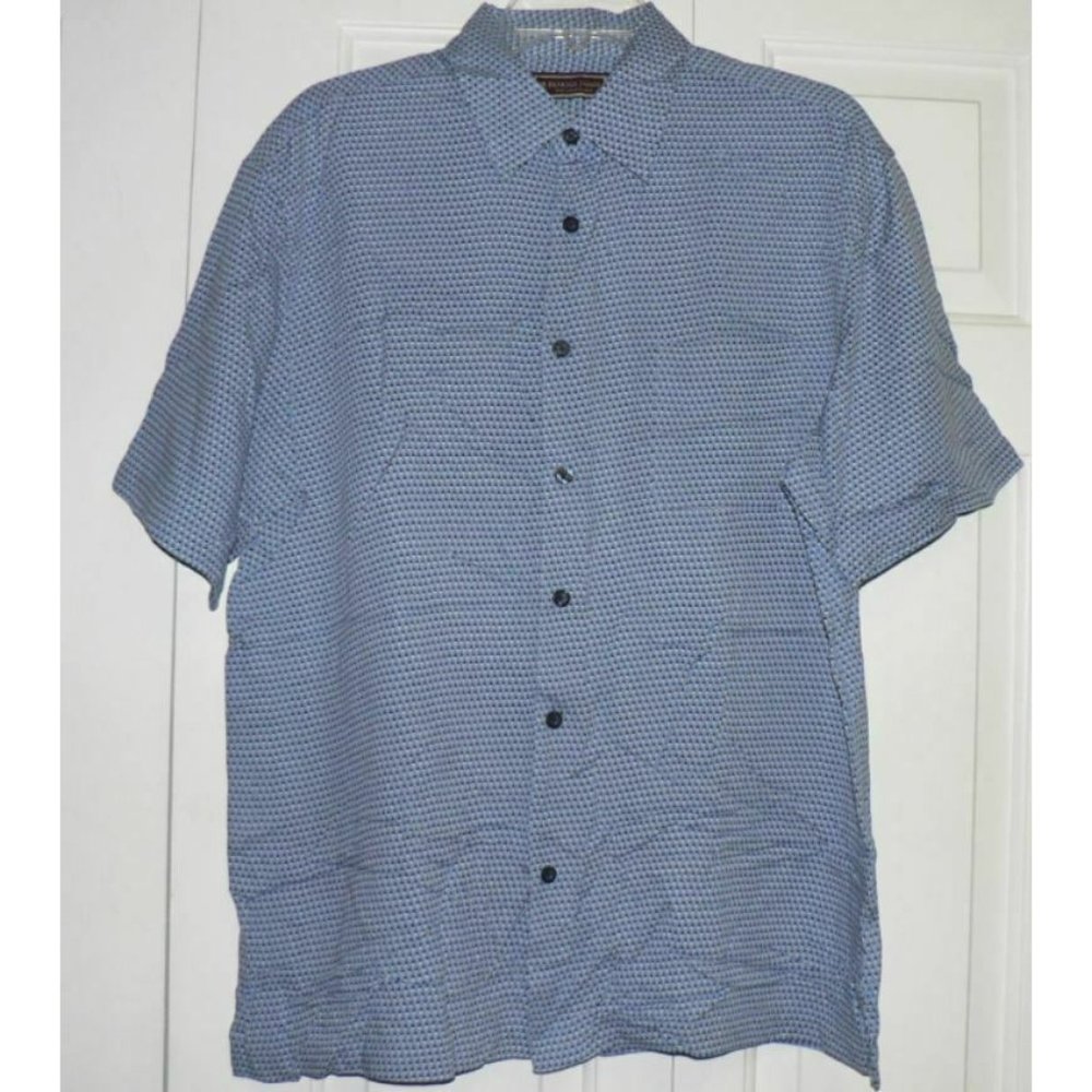Patrick James Geometric‎ Print Short Sleeve Silk Blend Shirt Blue Medium $168